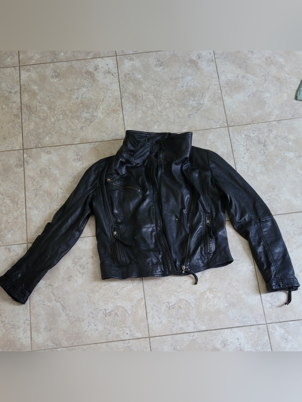 Danier Black Biker Style Leather Jacket, Size Medium